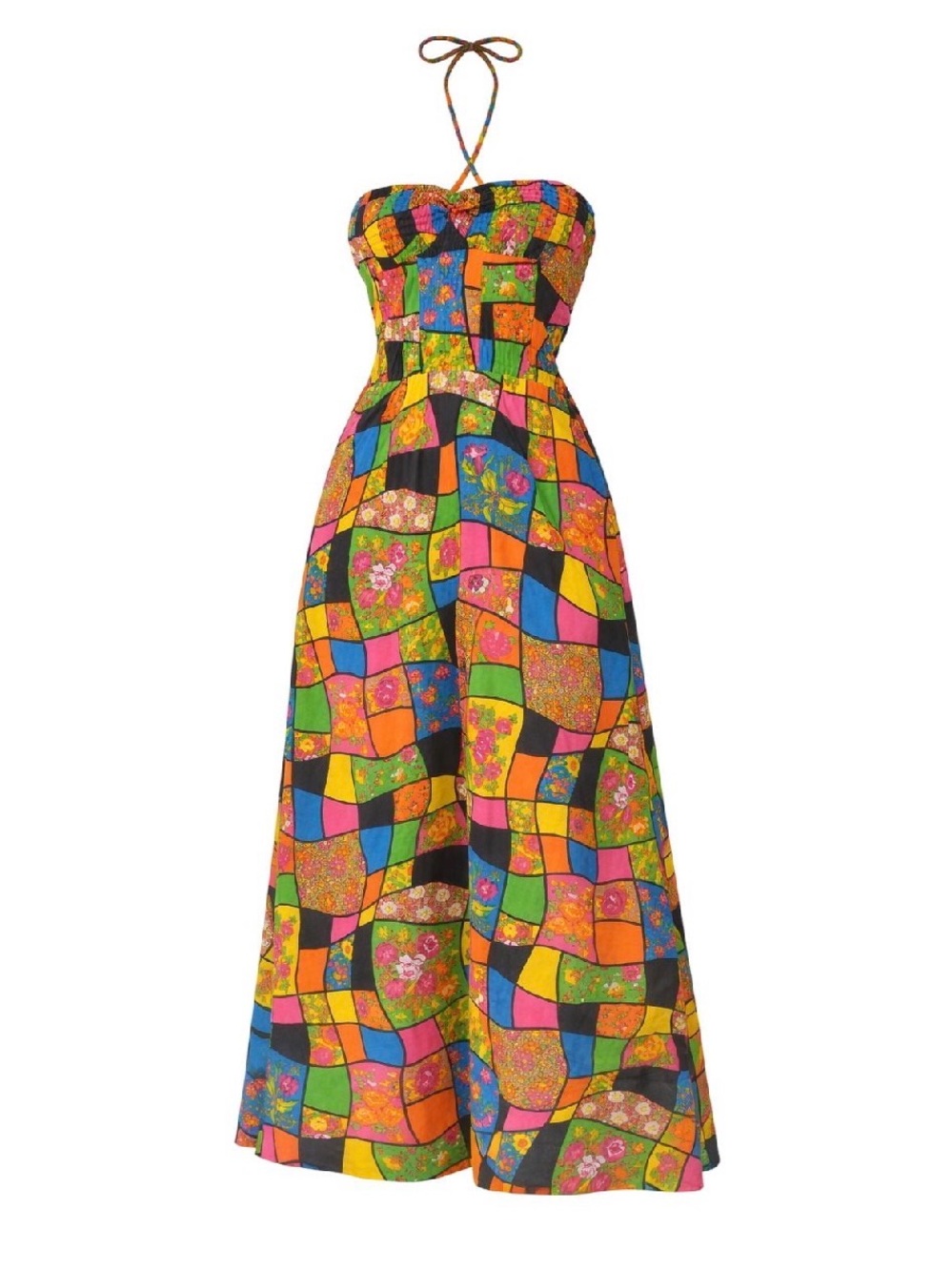 S/W/F SWF Tie Up Sweetheart Retro Patchwork Cotton Midi Dress Large
